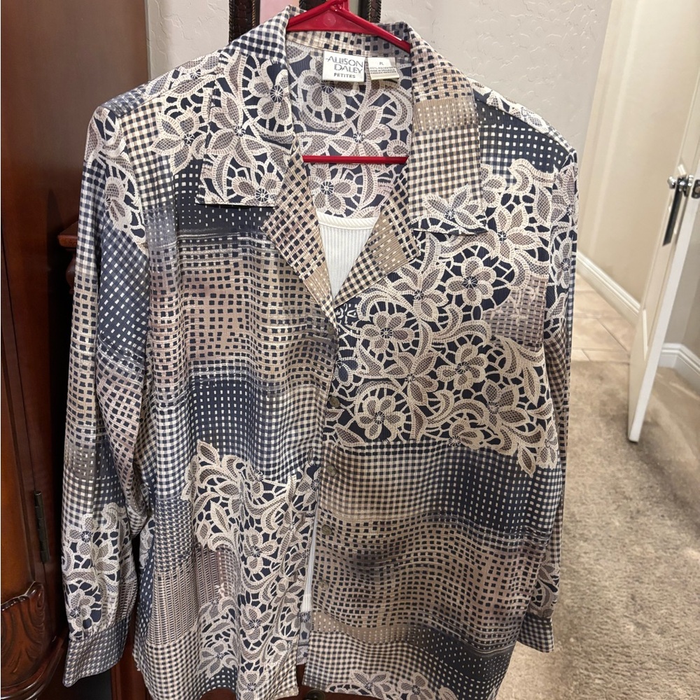 Allison Daley Beige and Navy Patchwork Floral Button-Down Shirt